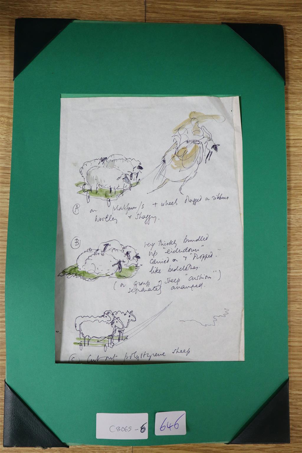Sir Hugh Casson, pen, ink and watercolour, Design for sheep set at Glyndebourne